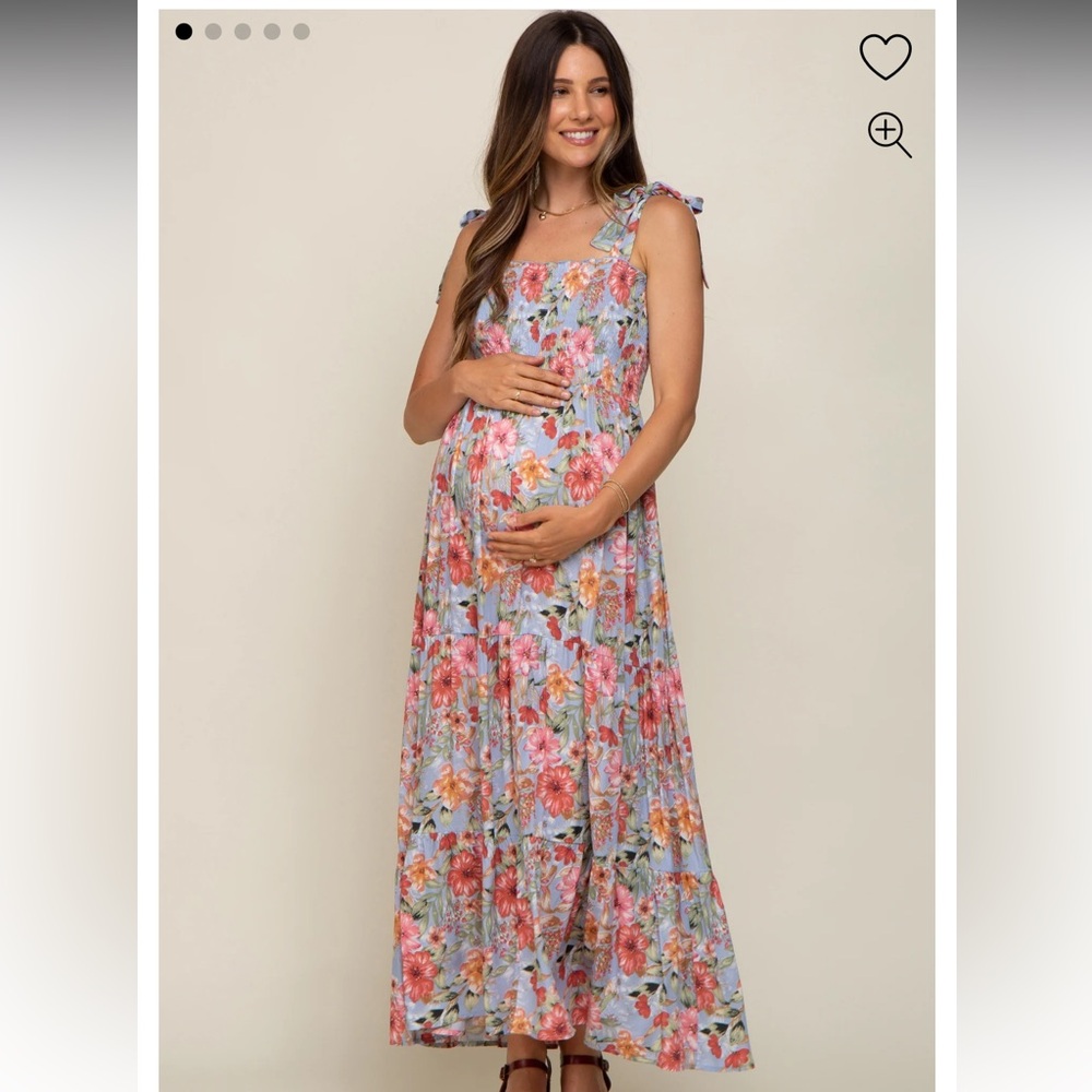 Light Blue Floral Smocked Shoulder Tie Maternity Maxi Dress